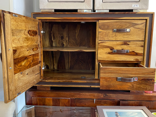 Solid Sheesham Wood Sideboard - Leather Trim & Handles
