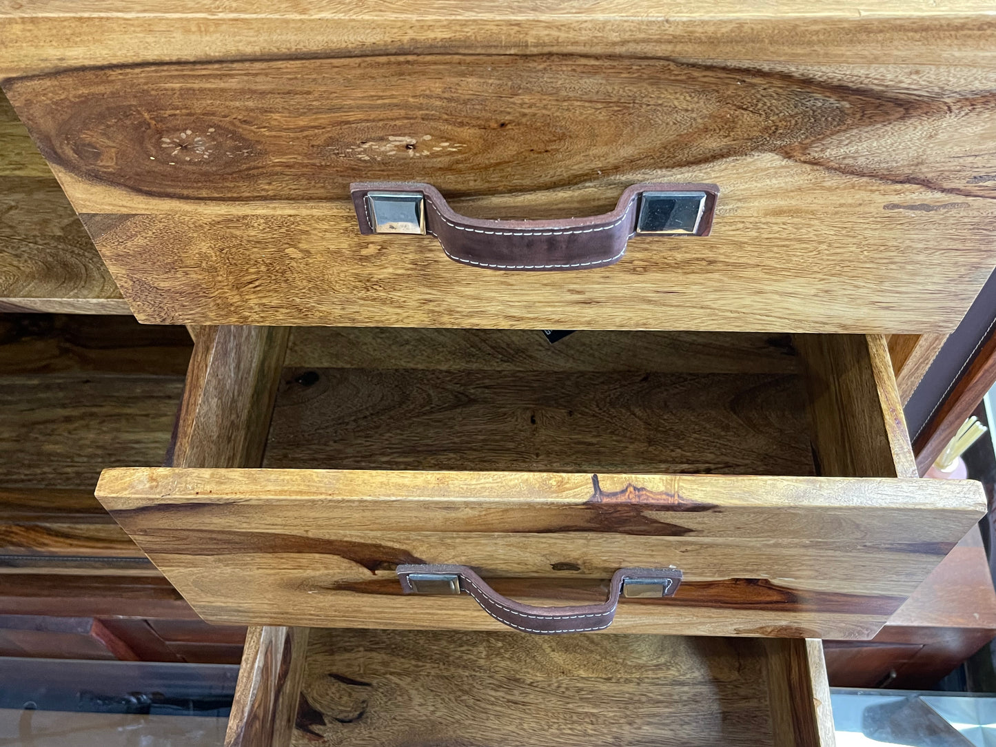 Solid Sheesham Wood Sideboard - Leather Trim & Handles