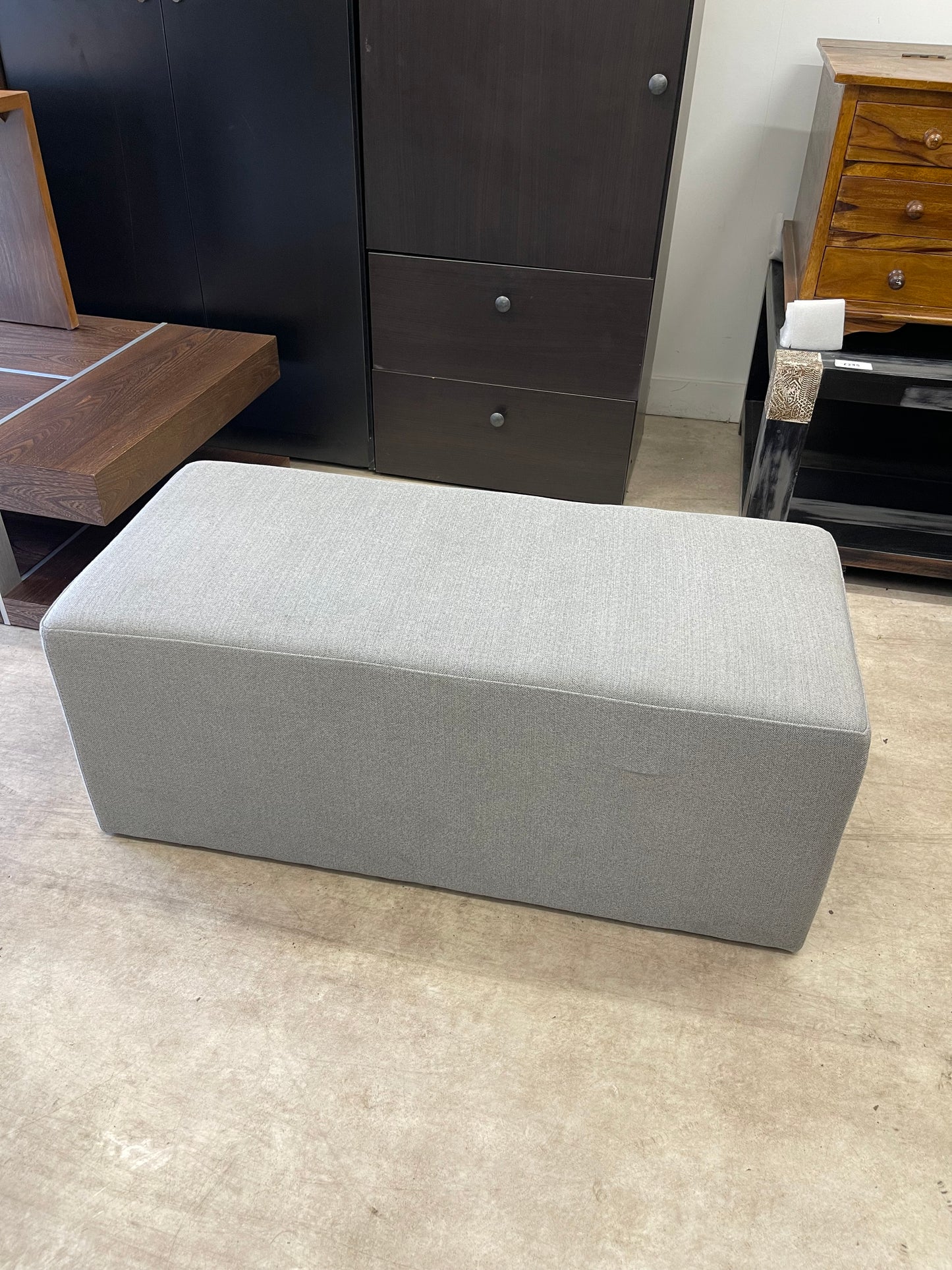 Upholstered Ottoman Bench - Grey Fabric with Walnut Insert
