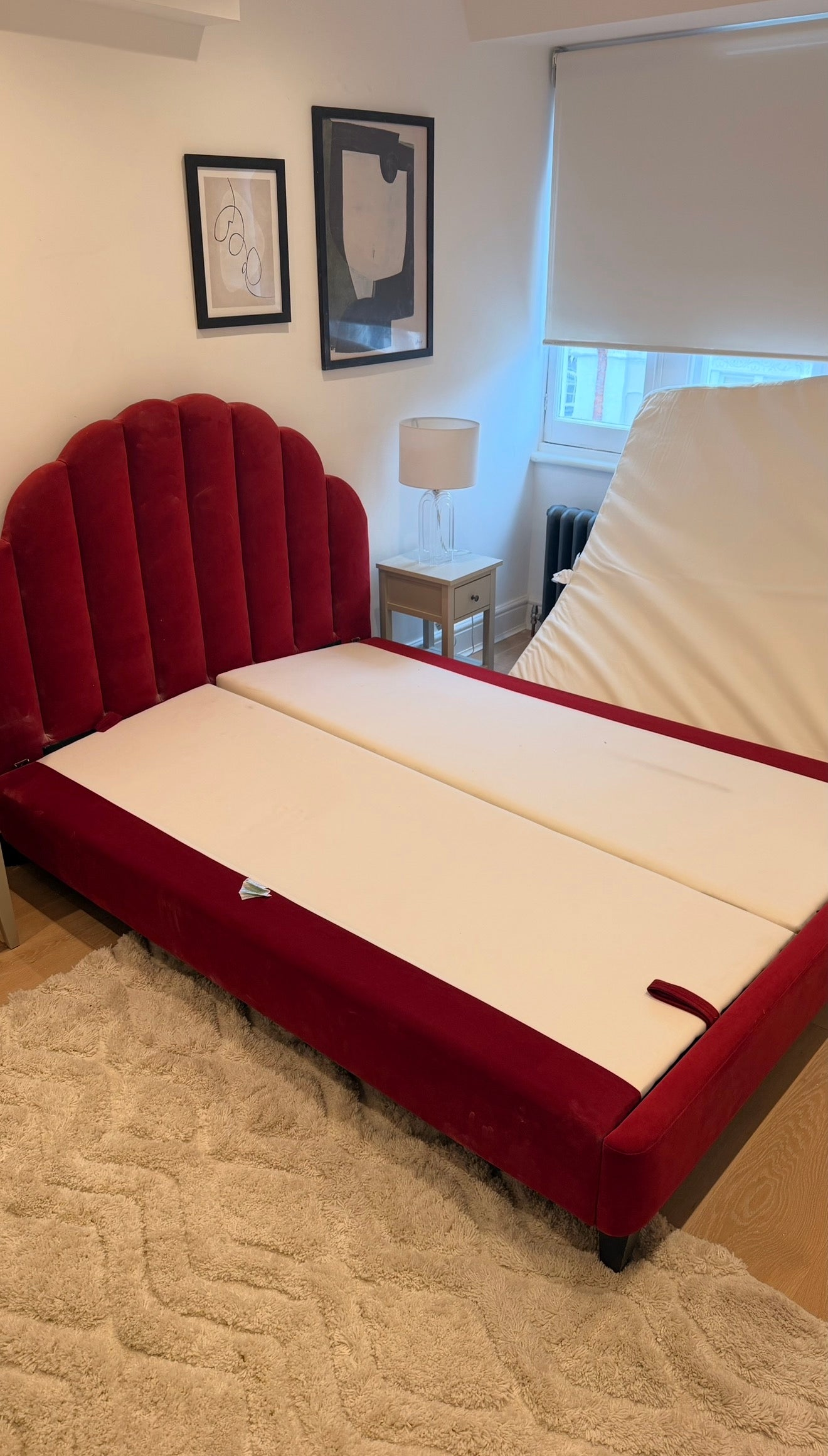 King Bed Frame with Scalloped Headboard - Red Velvet