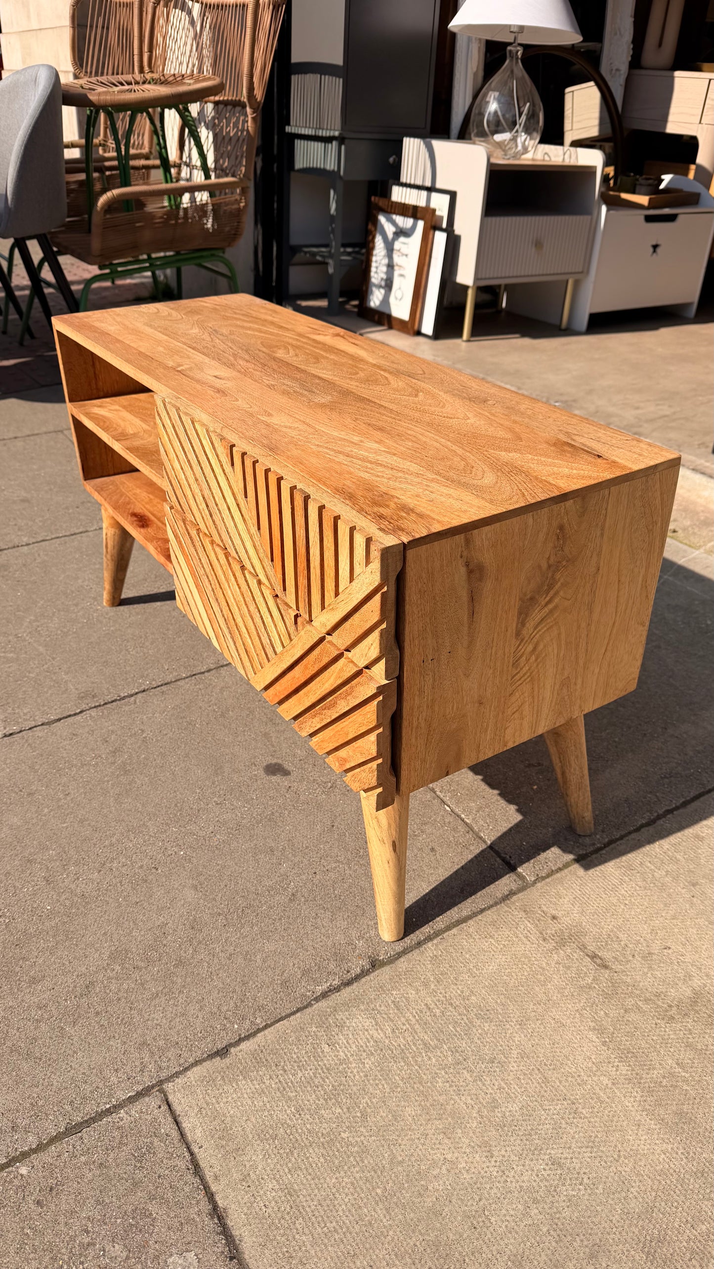 Solid Mango Wood Geometric TV Unit / Media Stand