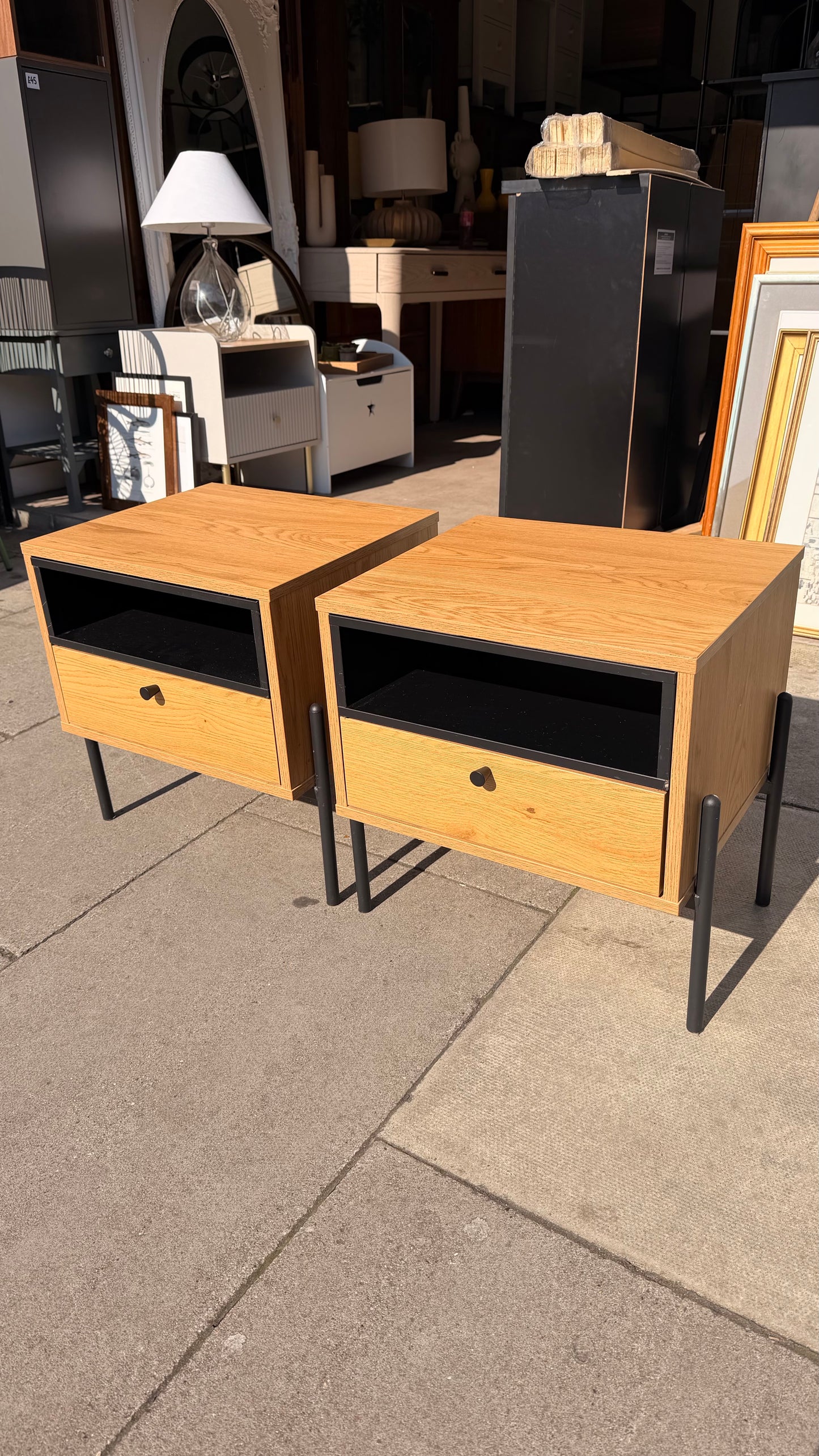 Pair of Oak Effect Bedside Tables with Drawer & Shelf