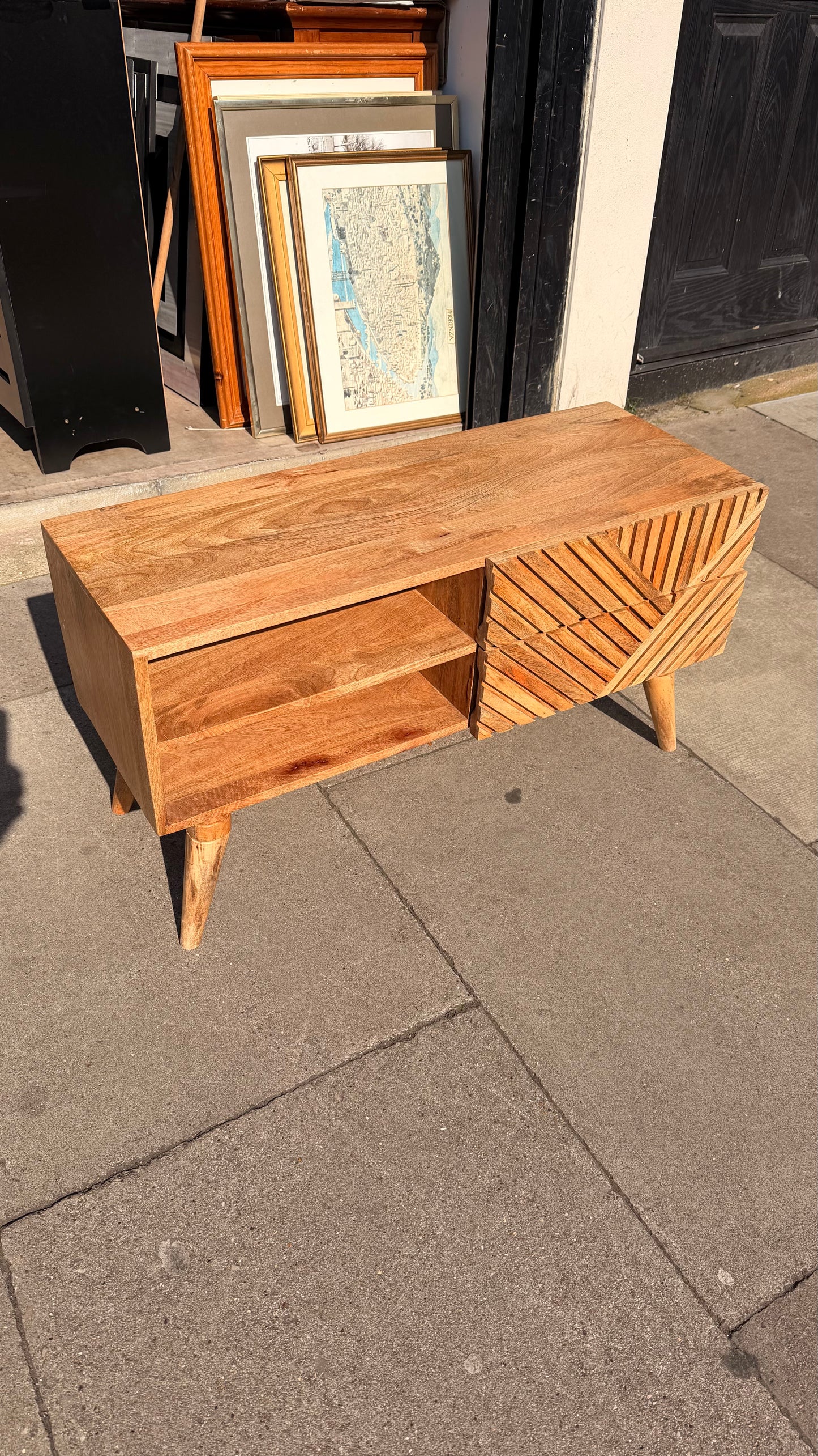 Solid Mango Wood Geometric TV Unit / Media Stand