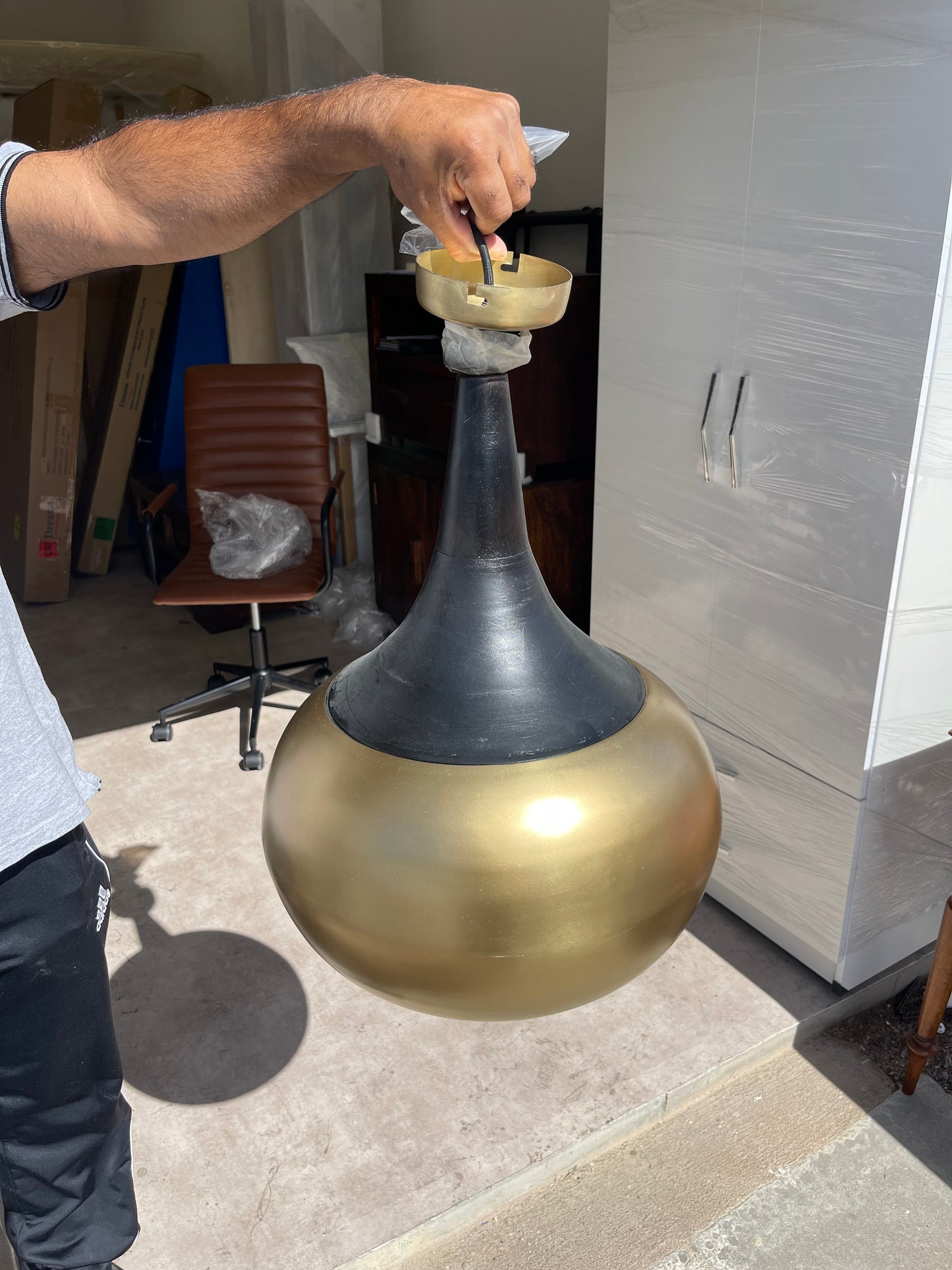 Large Statement Pendant Light - Brushed Brass & Black