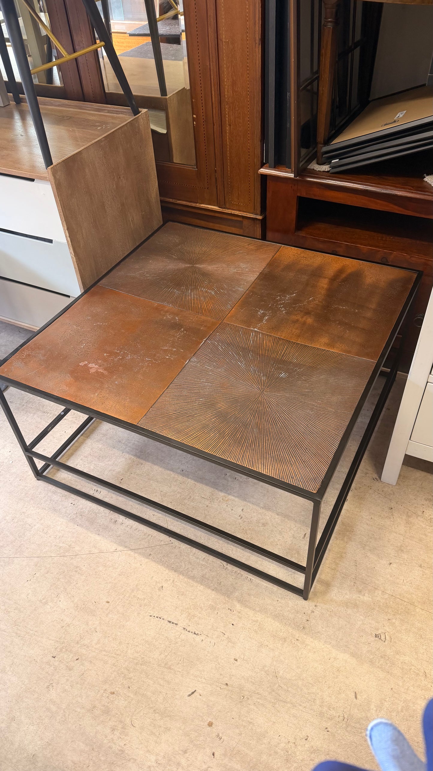 Square Coffee Table - Industrial Metal Frame with Decorative Panels
