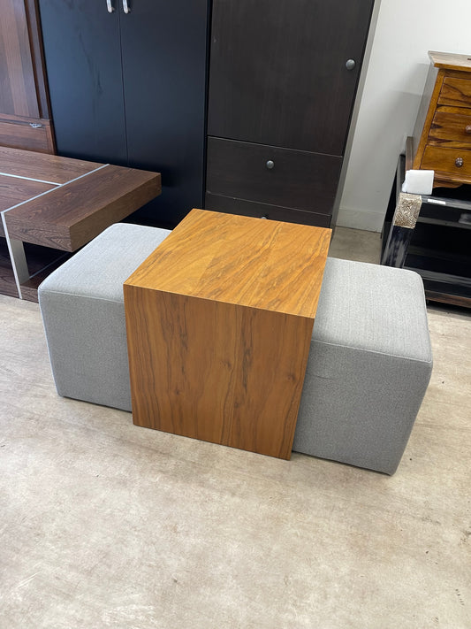 Upholstered Ottoman Bench - Grey Fabric with Walnut Insert