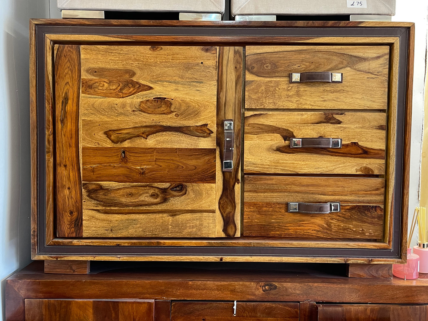 Solid Sheesham Wood Sideboard - Leather Trim & Handles