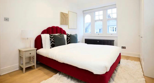 King Bed Frame with Scalloped Headboard - Red Velvet