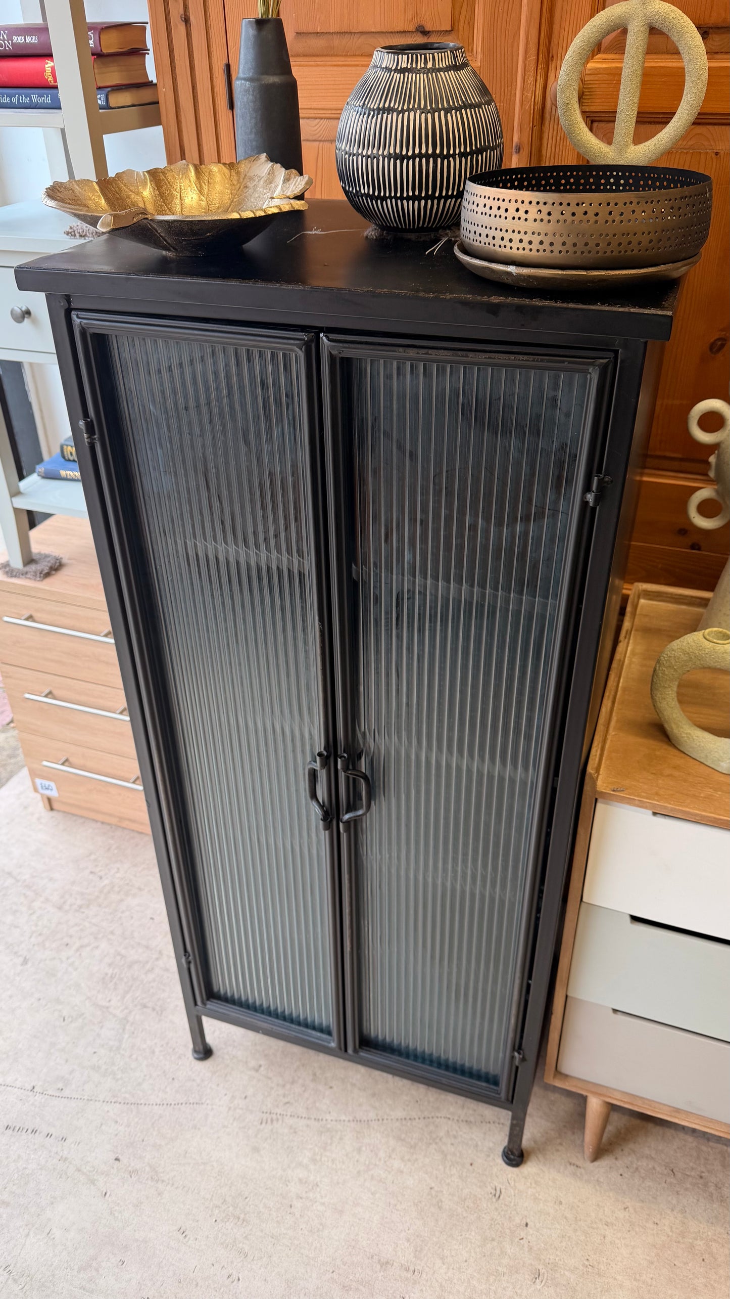 Industrial Ribbed Bar Cabinet with Wine Storage